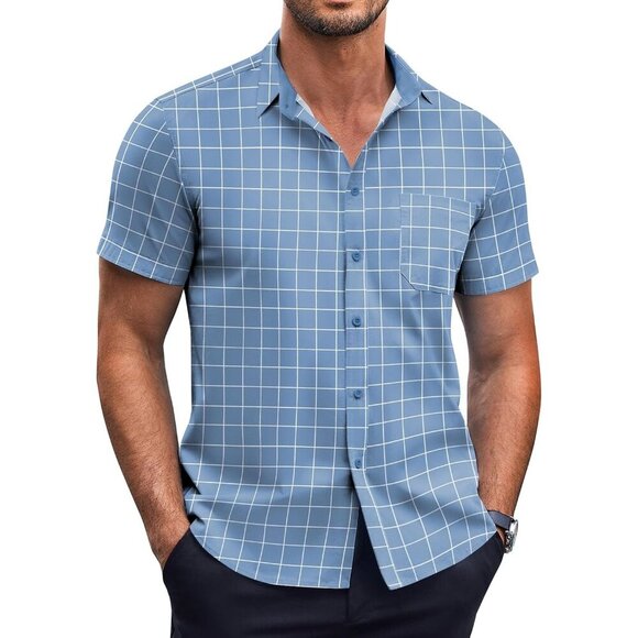 Blue PlaidMen Short Sleeve Button Down Wrinkle Free Dot PrintDress Shirt